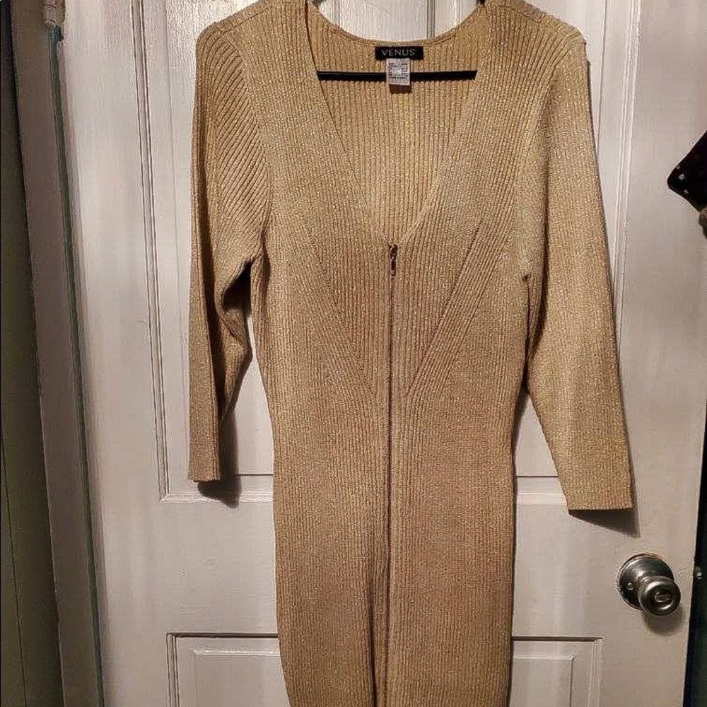 Beige and gold sparkle zipper midi dress